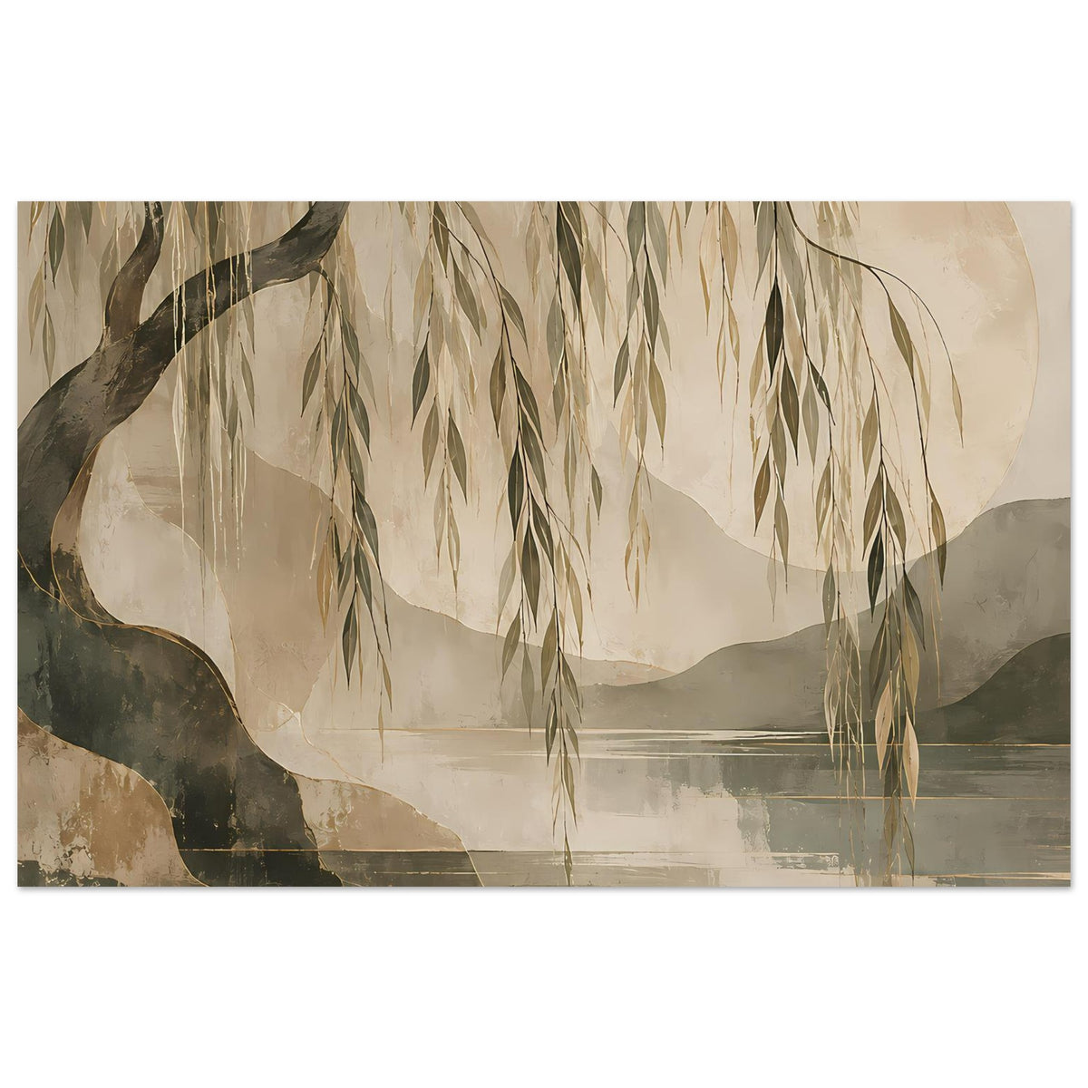 Wandposter mit hängenden Weidenzweigen, See und sanften Erdtönen, horizontal