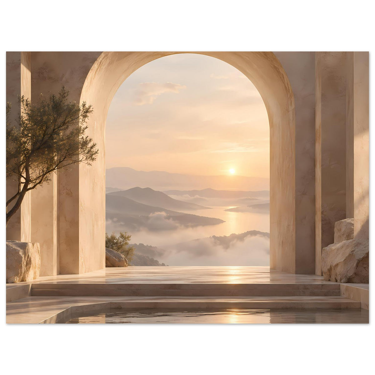 Wandposter mit Rundbogen, goldener Sonne am Horizont, Berglandschaft, Nebel und spiegelndem Becken
