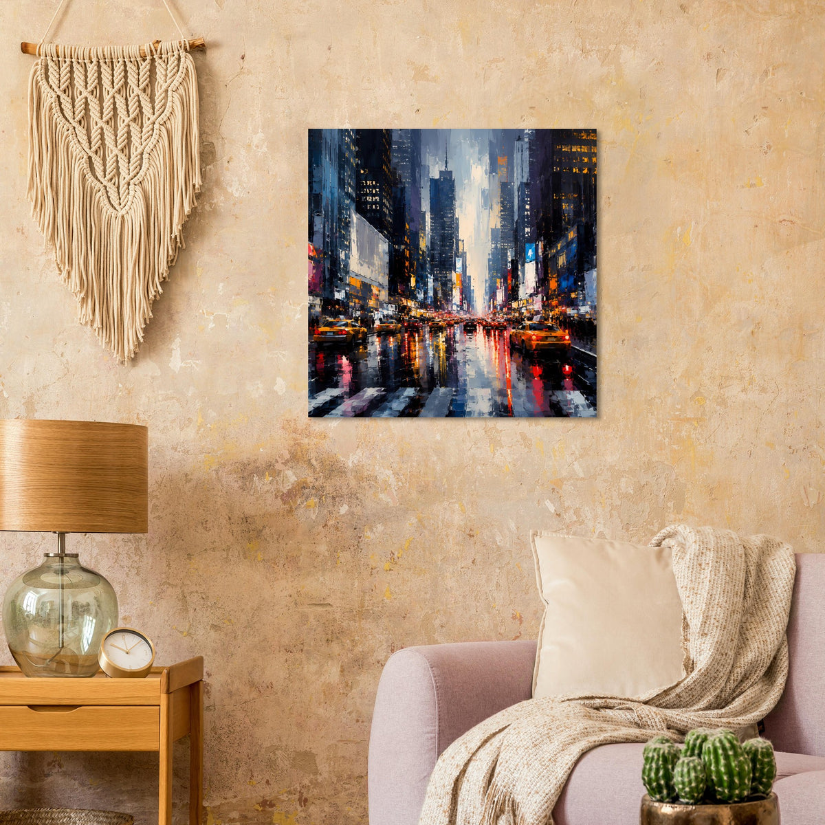 Gerahmtes Stadtposter mit Regenstraße und reflektiertem Licht, markante Hochhäuser bei Nacht