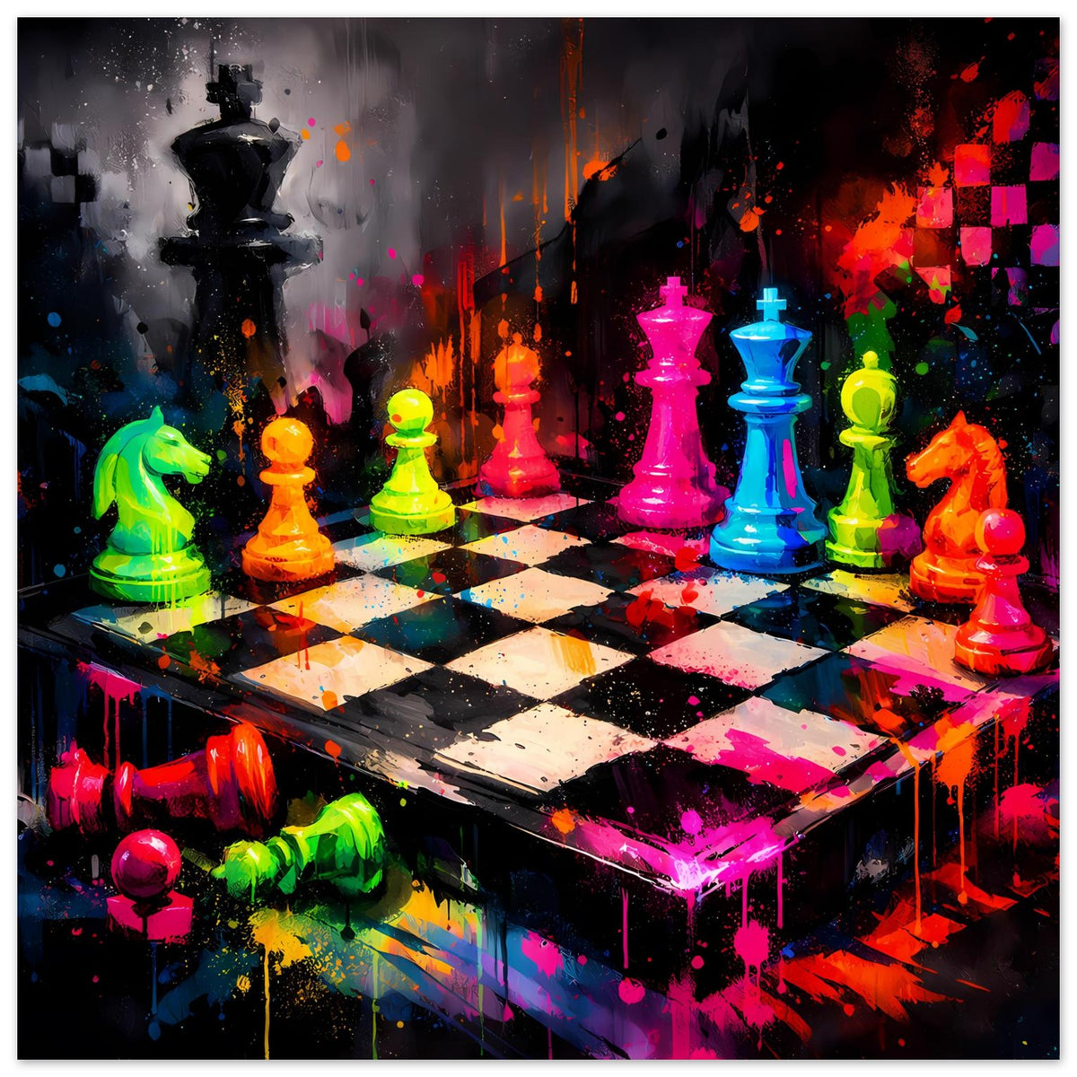 Poster mit buntem Schachspiel: Neonfiguren auf Schachbrett, dramatische Farbspritzer