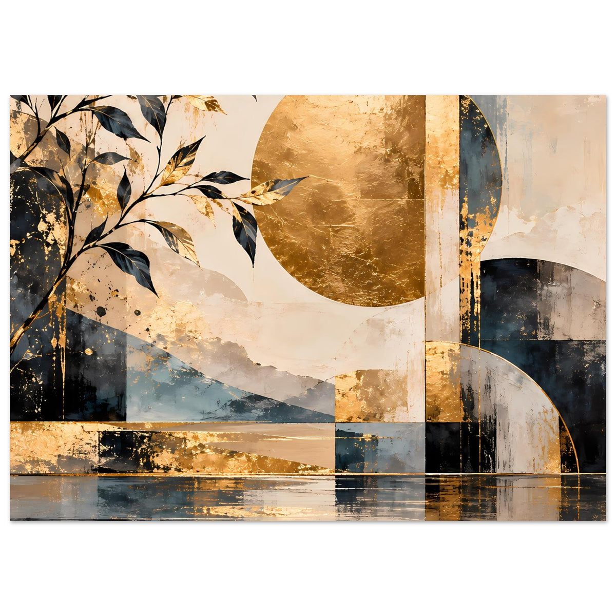 Kunstposter mit goldenem Halbkreis, blauen Flächen, feinen Linien und Blattzweig-Illustration