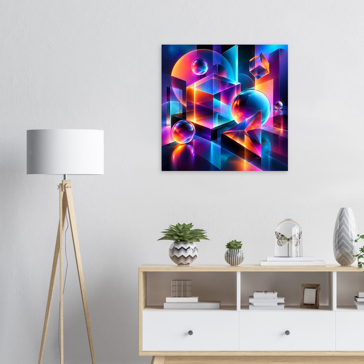 Neon-Geometrieposter mit 3D-Würfeln und Glaskugeln, umrandet von Neonfarben