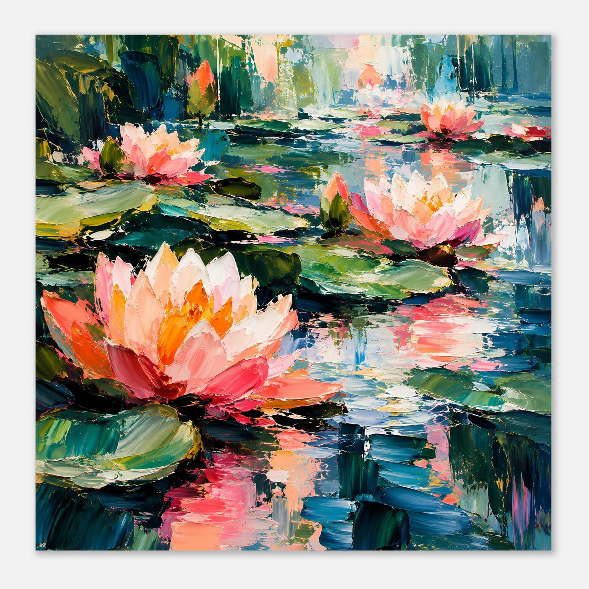 Poster mit Seerosen auf Wasser, impressionistische Pinselstriche in Blau, Rosa und Grün