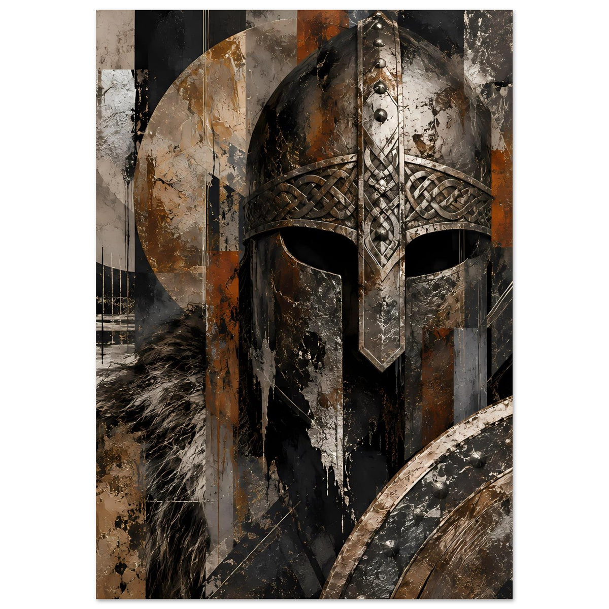 Kunstposter mit Wikingerkrieger-Helm, filigranem Flechtmuster und Schild in erdigen Farbtönen