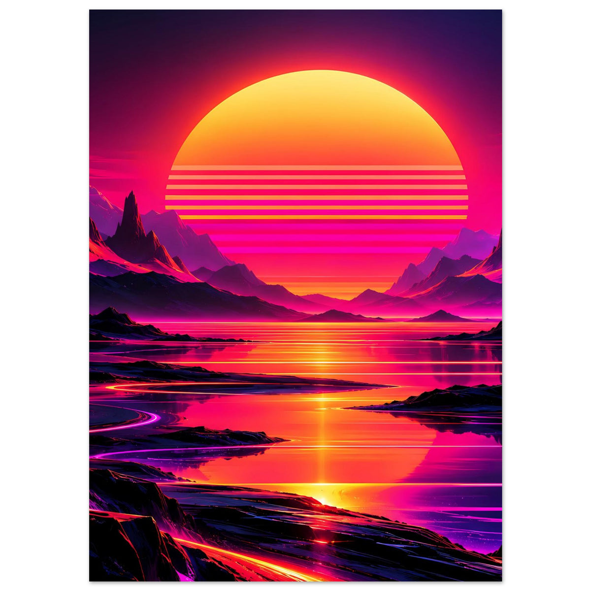 Neon-Poster im Hochformat mit Sonnenuntergang, Bergspitzen und leuchtenden Reflexionen