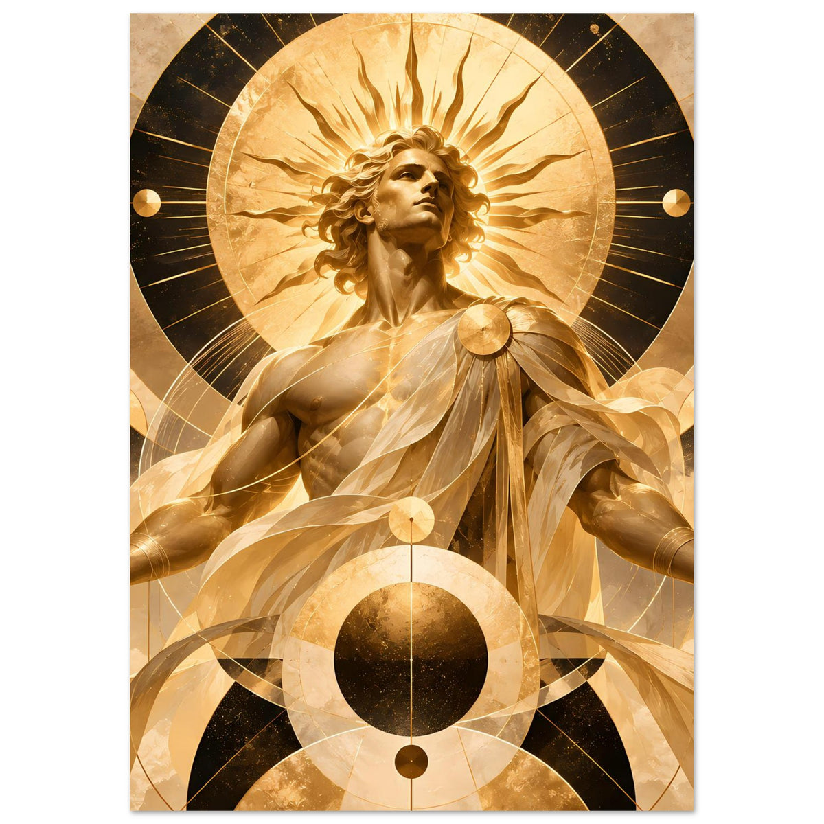 Goldenes Wandposter: Engelsfigur mit Strahlenkranz und wehenden Gewändern, Hochformat