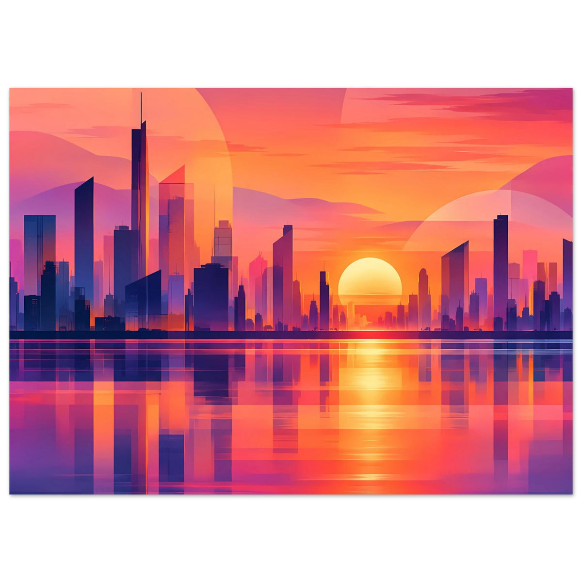 Stadtposter horizontal mit neonfarbener Skyline, Sonnenuntergang und farbiger Wasserreflexion