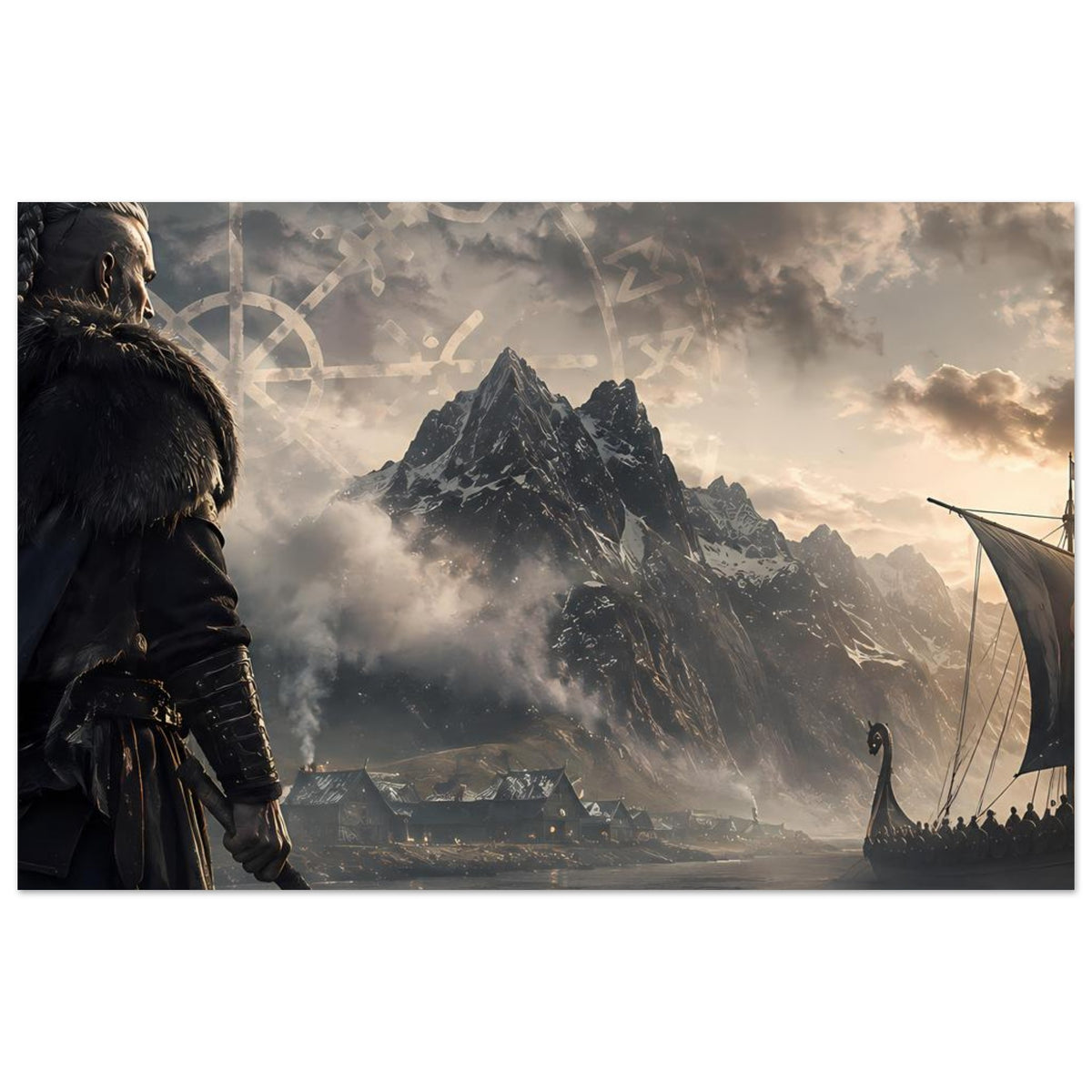 Poster mit Wikingerkrieger links, Fjord und Langschiff mit Segel, Runen im Himmel