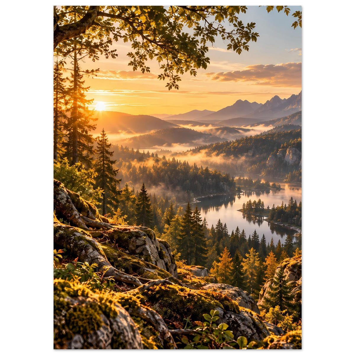 Landschaftsposter mit goldenen Sonnenstrahlen über Waldtal, See und Felsformationen