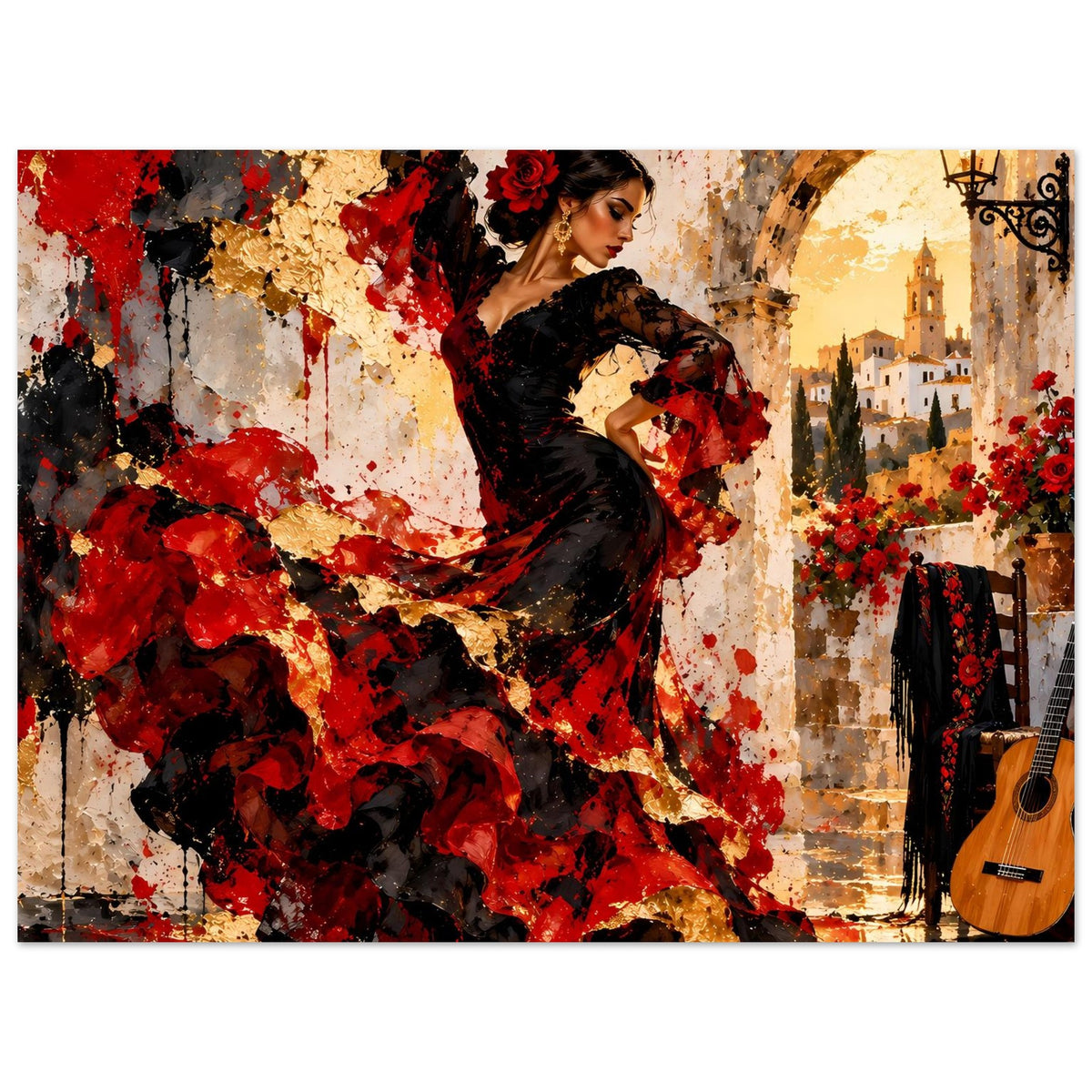 Poster mit Flamenco-Tänzerin in Schwarz und roten Farbspritzern; rechts Gitarre und Vorhangmotiv