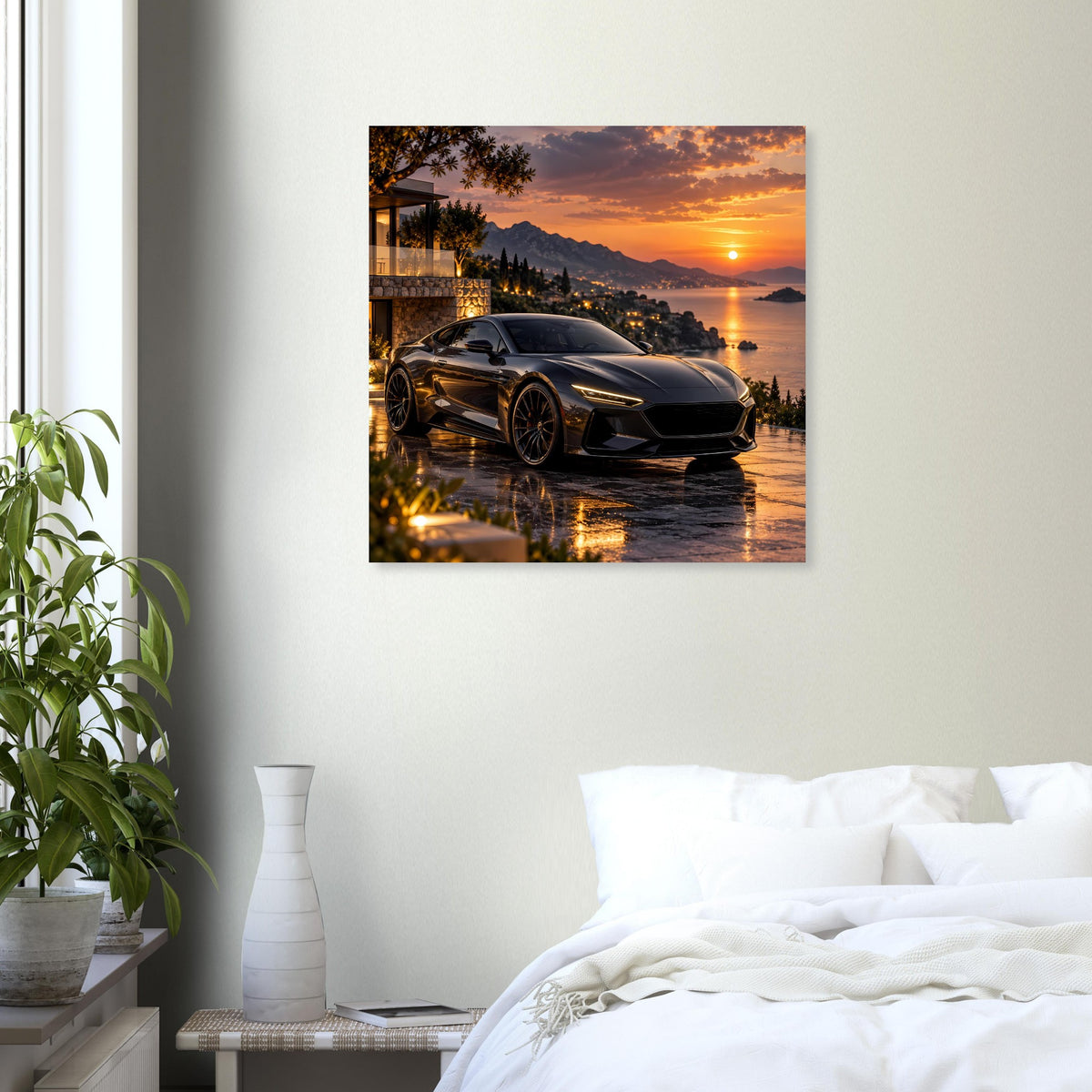 Sonnenuntergangs-Poster mit schwarzem Sportwagen und goldrotem Sonnenuntergang