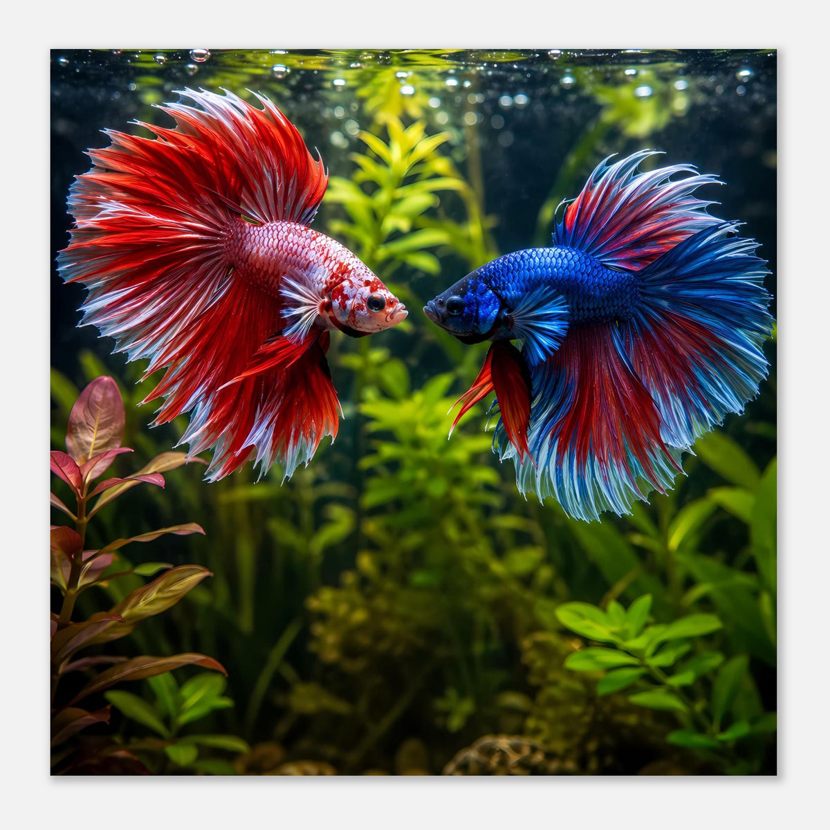 Kunstposter mit zwei Kampffischen, roter Flossenzauber links und blau rechts, Nahansicht.