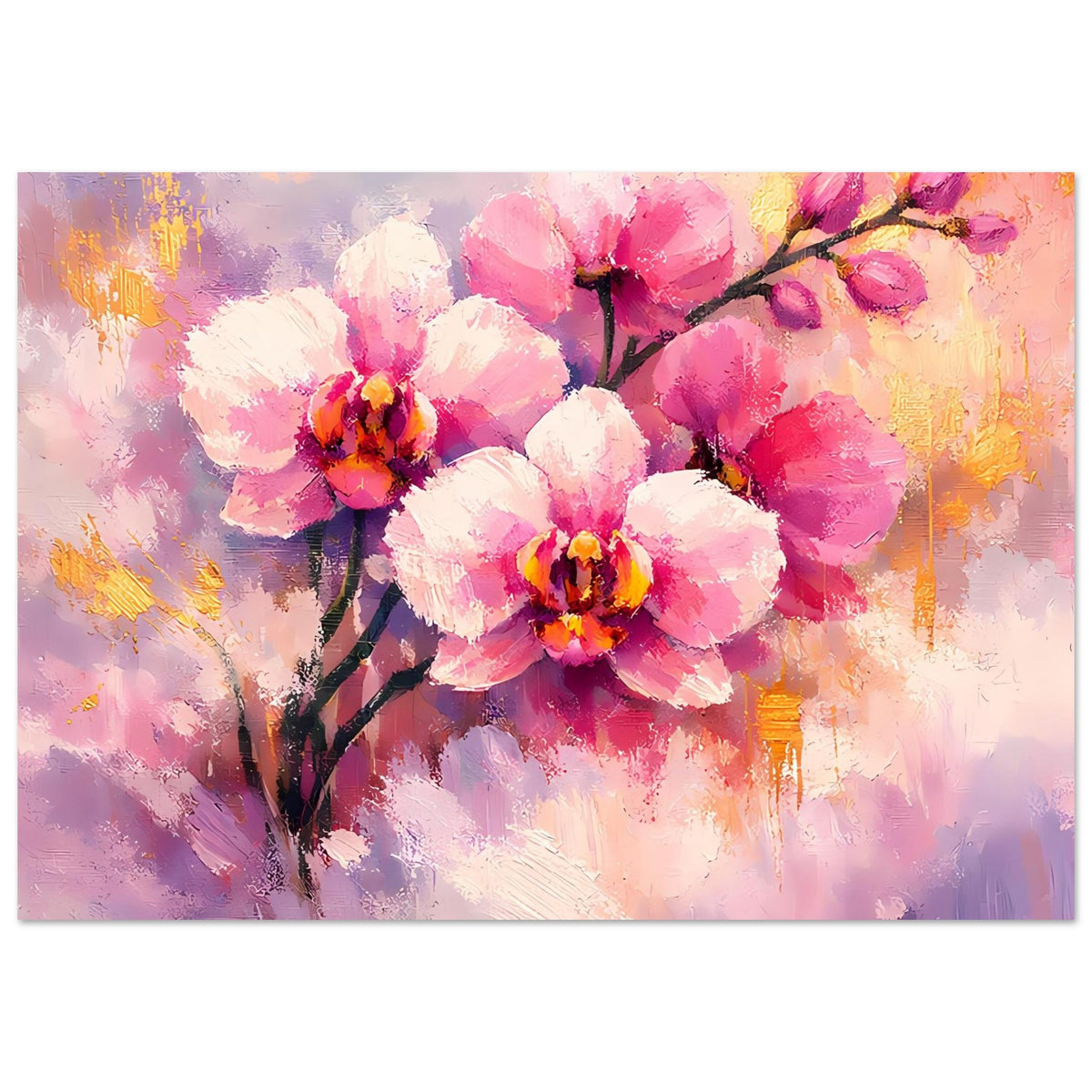 Poster mit rosa Orchideenblüten und goldenen Akzenten, querformatig