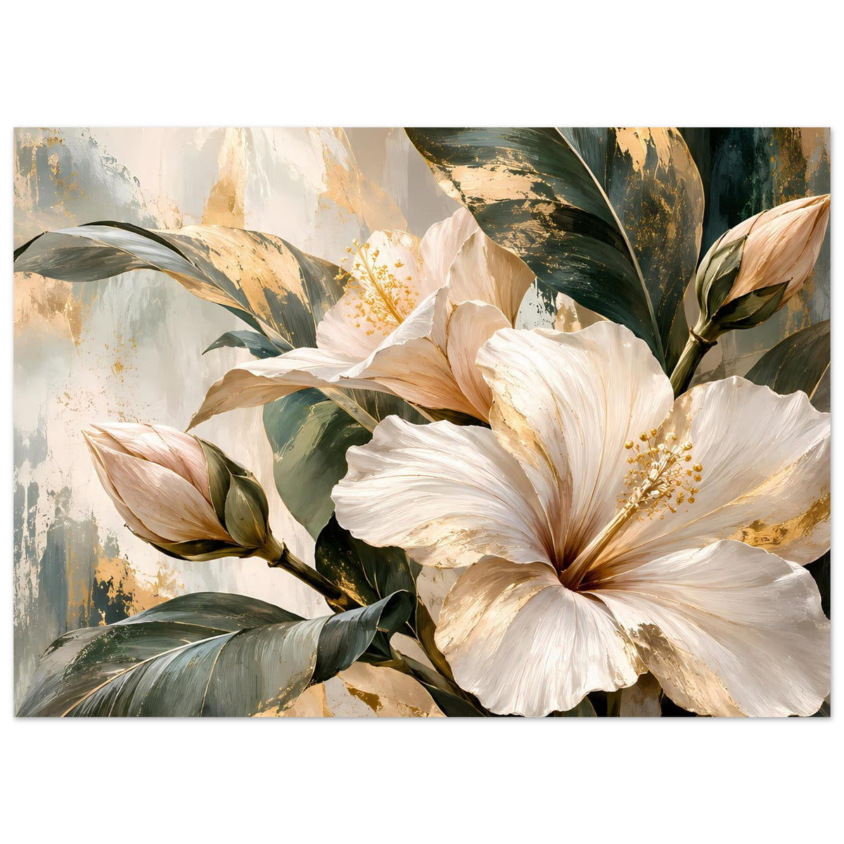 Breites Blumenposter mit großem Hibiskus, beigen Blättern und goldenen Akzenten