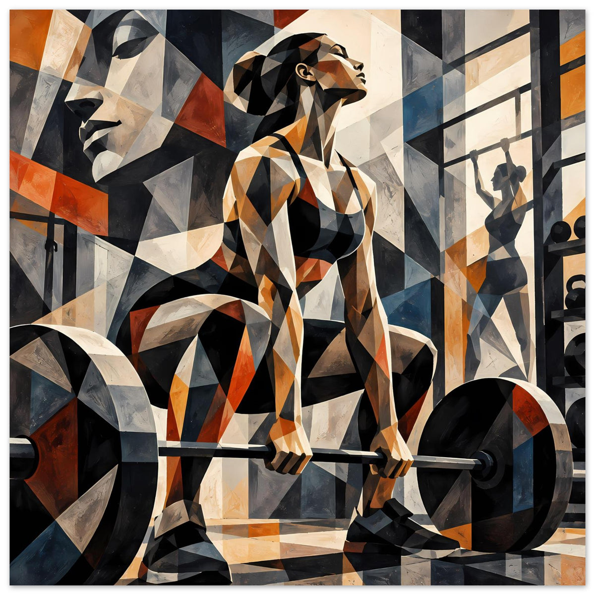Abstraktes Fitness-Poster: stilisierte Athletin bei Langhantel-Übung, geometrische Muster in Orange, Blau und Weiß.