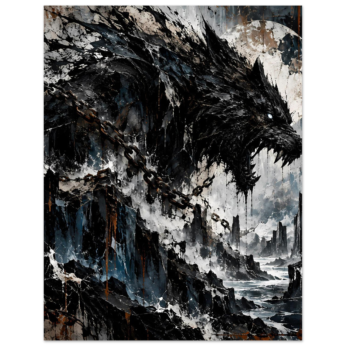 Poster im Hochformat mit dunklem Wolf, Ketten und heller Mondscheibe