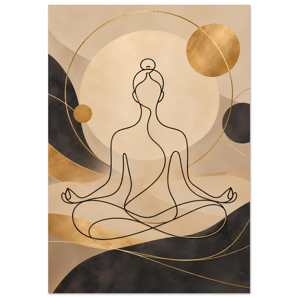 Goldener Kunstdruck mit Meditationspose, Konturfigur und abstrakten Kreisformen in warmen Tönen