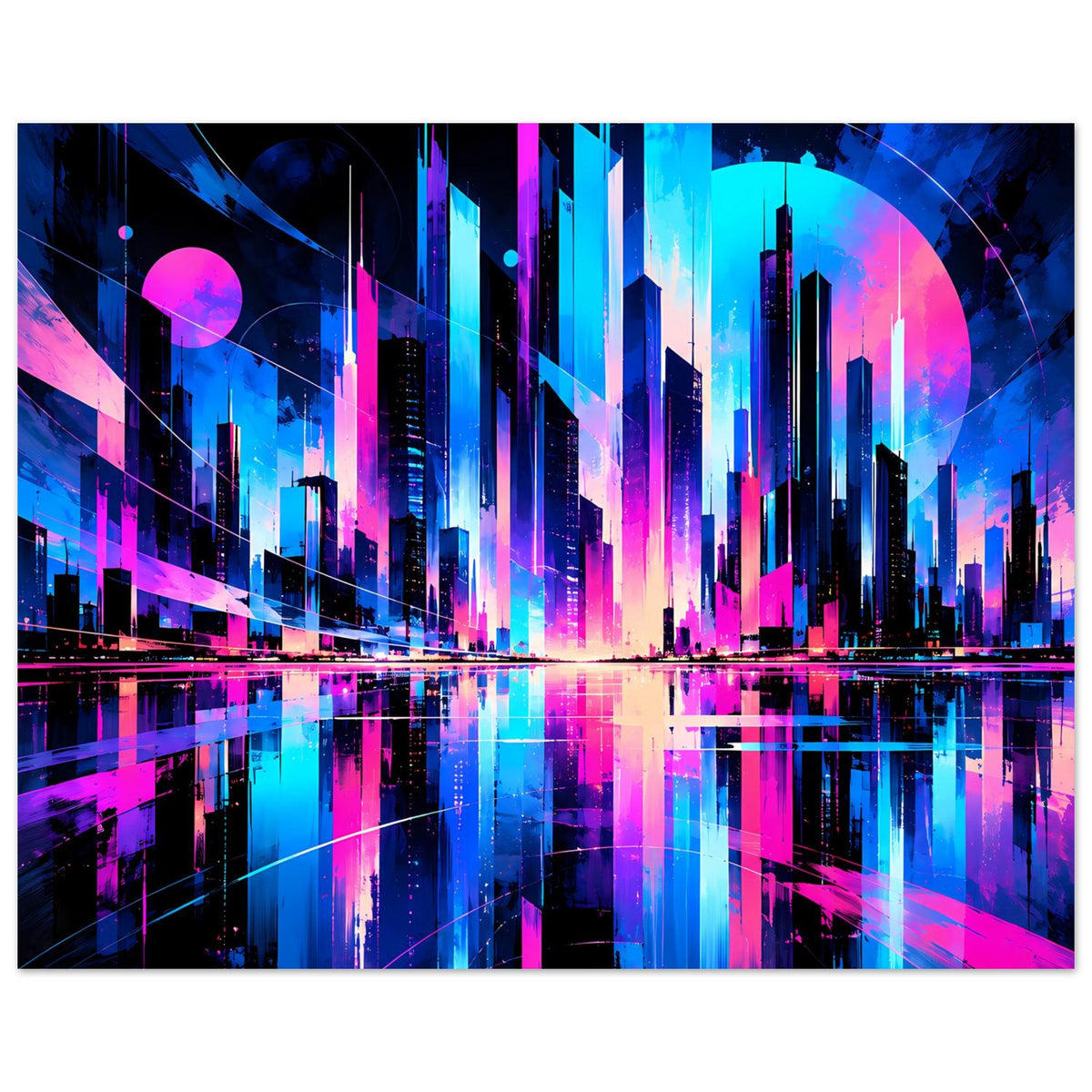 Neon-Stadtposter mit futuristischer Skyline, kräftige Farbverläufe, Spiegelung im unteren Bereich