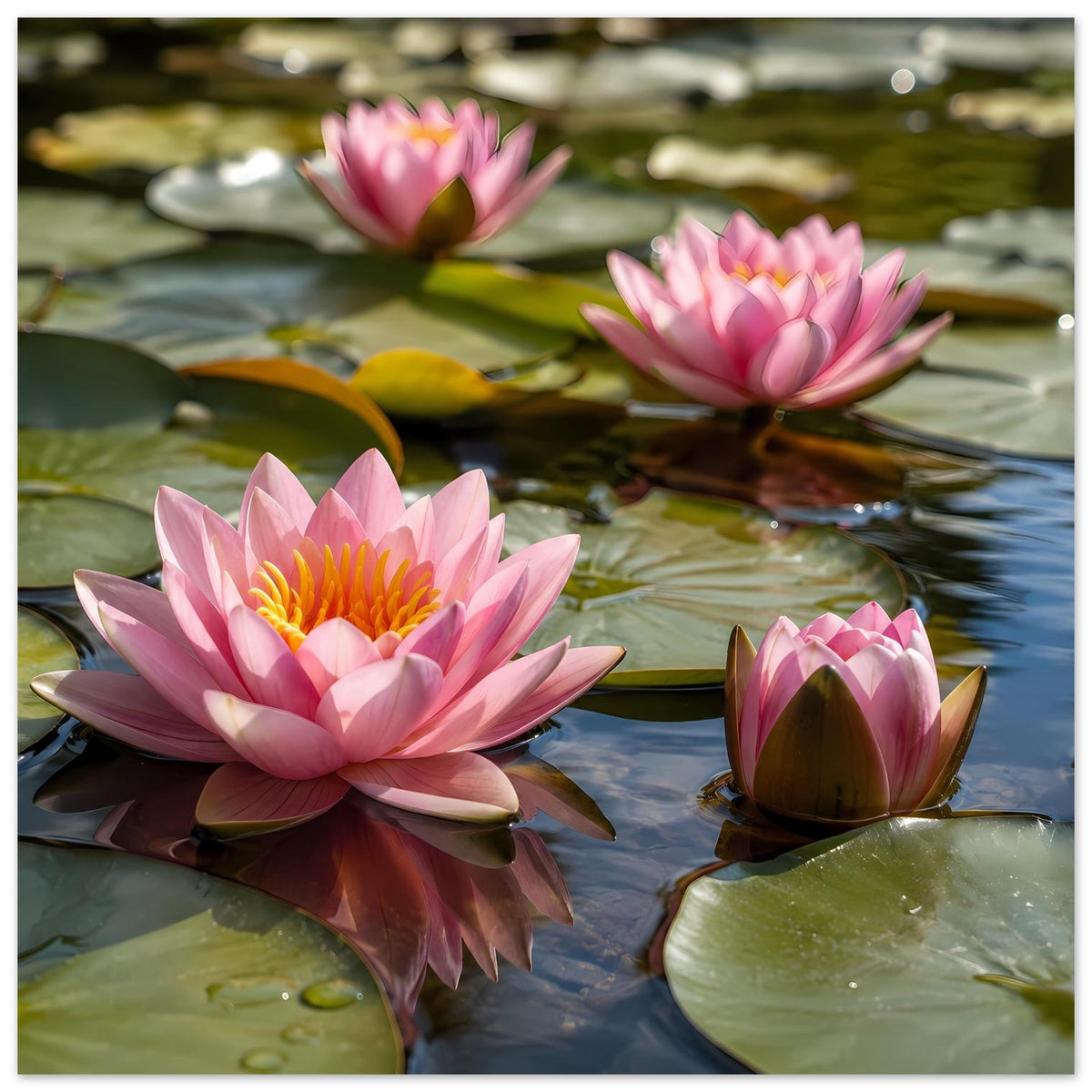 Poster mit rosa Seerosenblüten, einer dunklen Knospe und grünen Blättern im Wasser