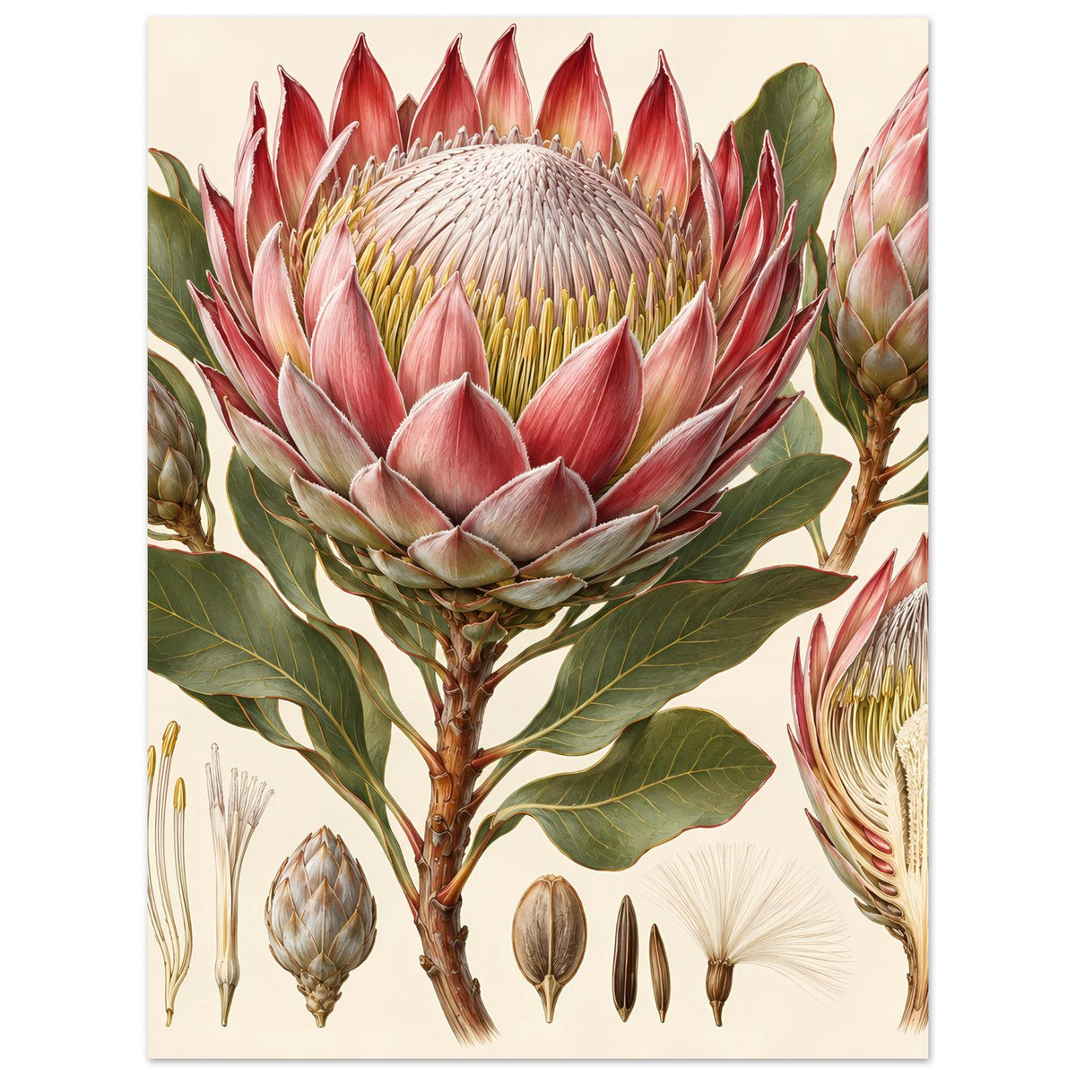 Poster mit Protea-Blütenkopf und mehreren Blüten-Detailansichten, auf mattem Papier