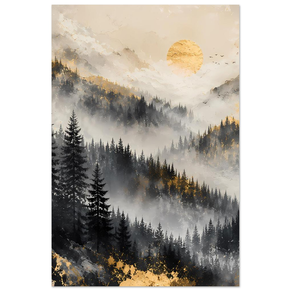 Wandposter (hochkant) mit nebliger Berglandschaft, Tannen, goldenem Mond und Vögeln