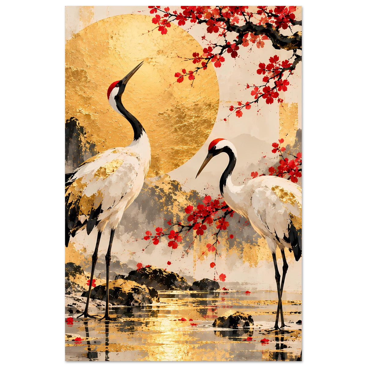 Poster mit zwei Kranichen, goldener Kreisform, roten Kirschblüten und spiegelnder Uferlandschaft