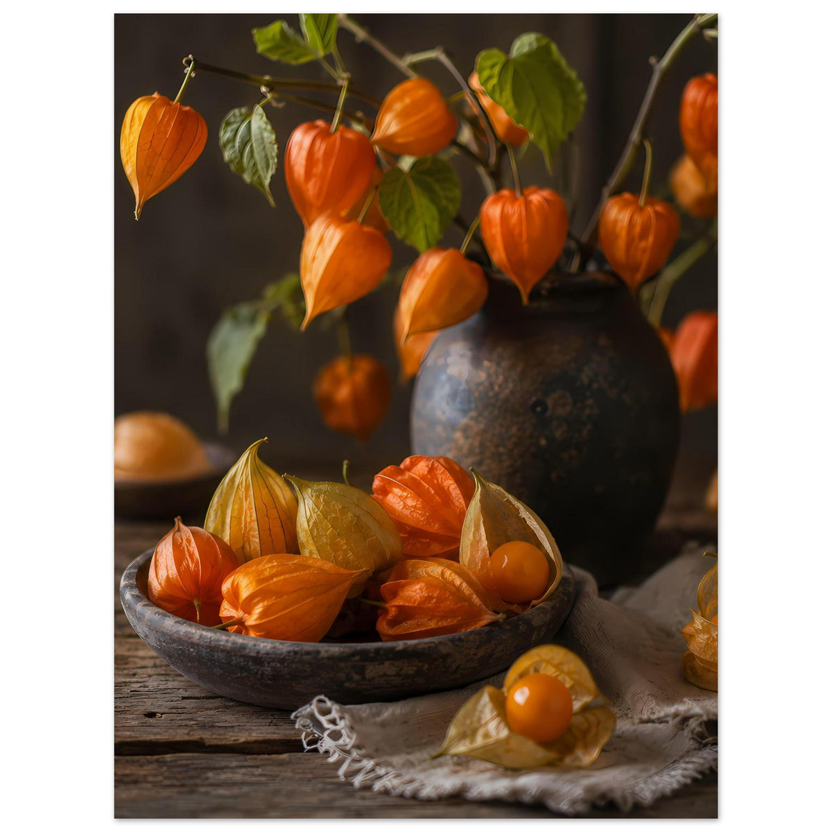Herbstliches Stillleben-Poster: Schüssel mit orange-gelben Kürbisfrüchten und dunkler Vase