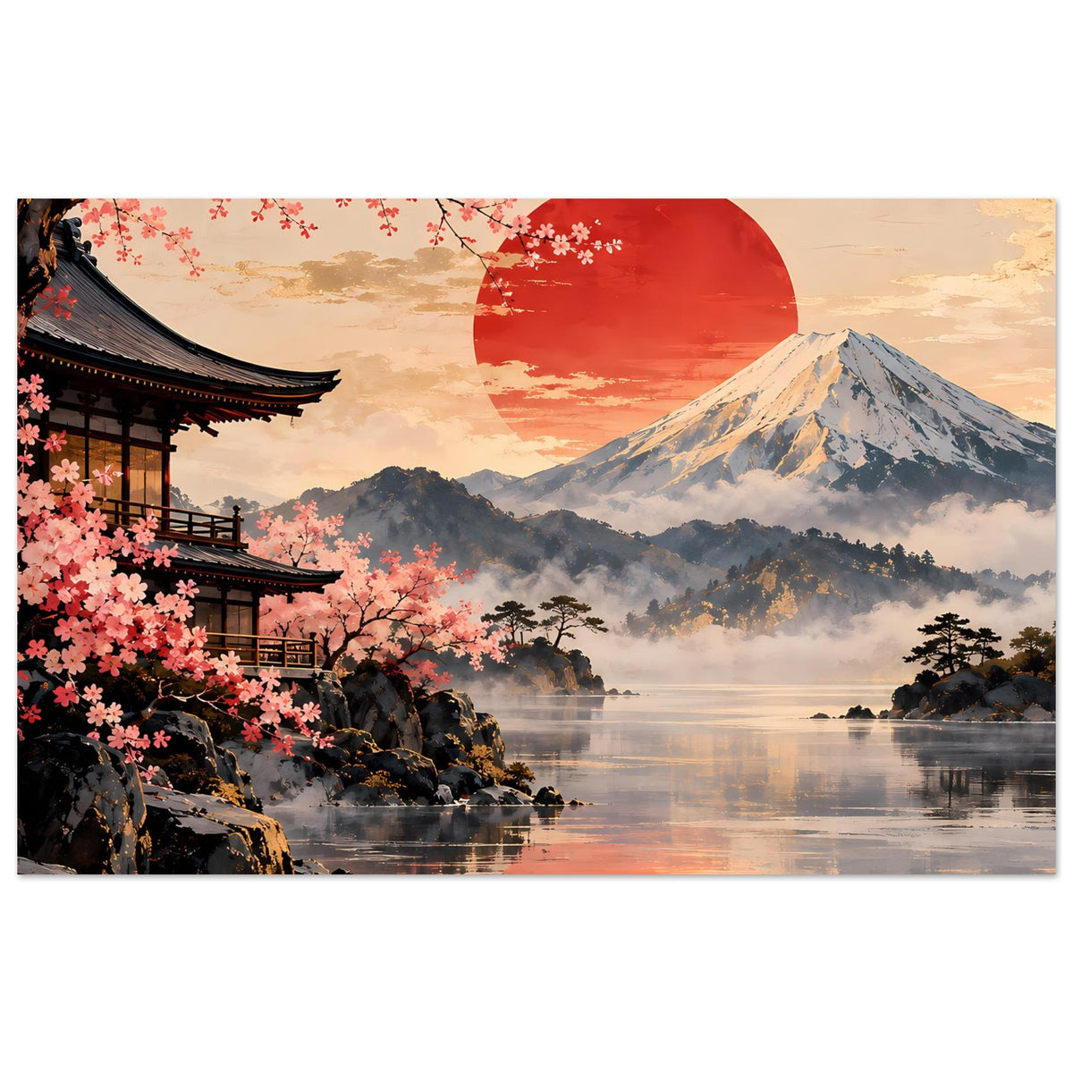Japanisches Landschaftsposter mit Pagode, Kirschblüten, Fuji und rotem Sonnenkreis über See