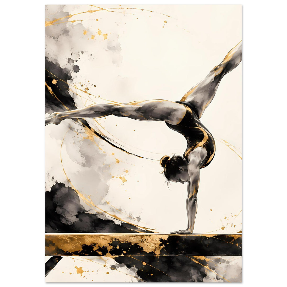 Gymnastikposter mit Turnerin im Handstand, schwarze Figur, goldene Sprenkel und Strukturen