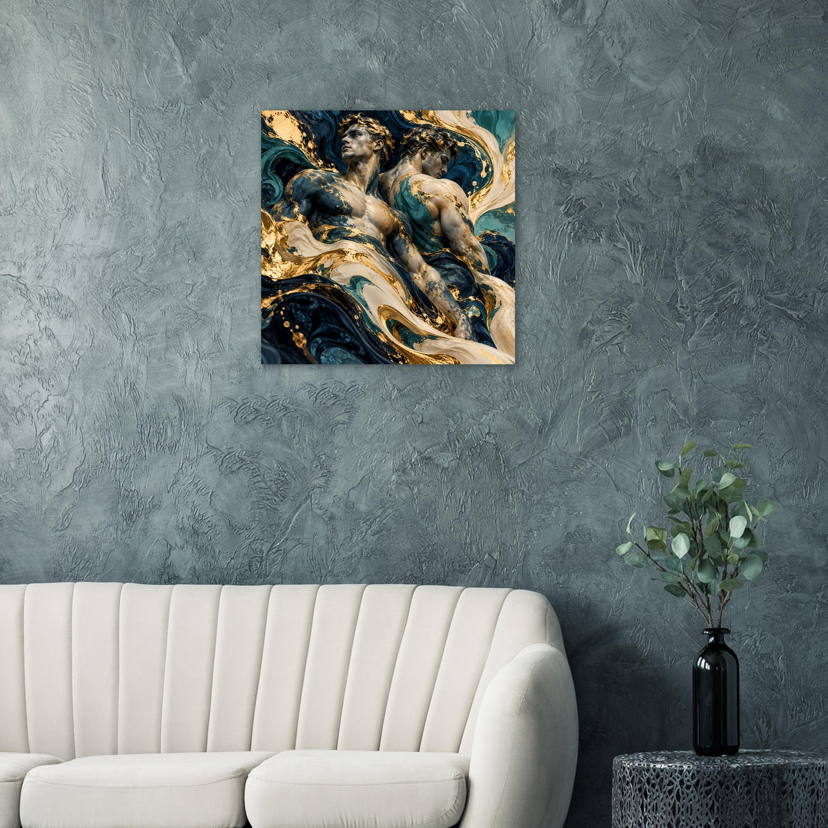 Kunstposter mit barockem Engelmotiv in Blau und Gold, quadratisch