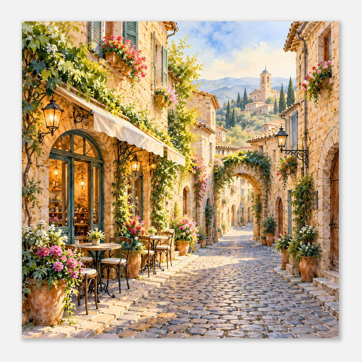 Poster einer mediterranen Dorfstraße mit Kopfsteinpflaster, Blumen und Caféterrasse