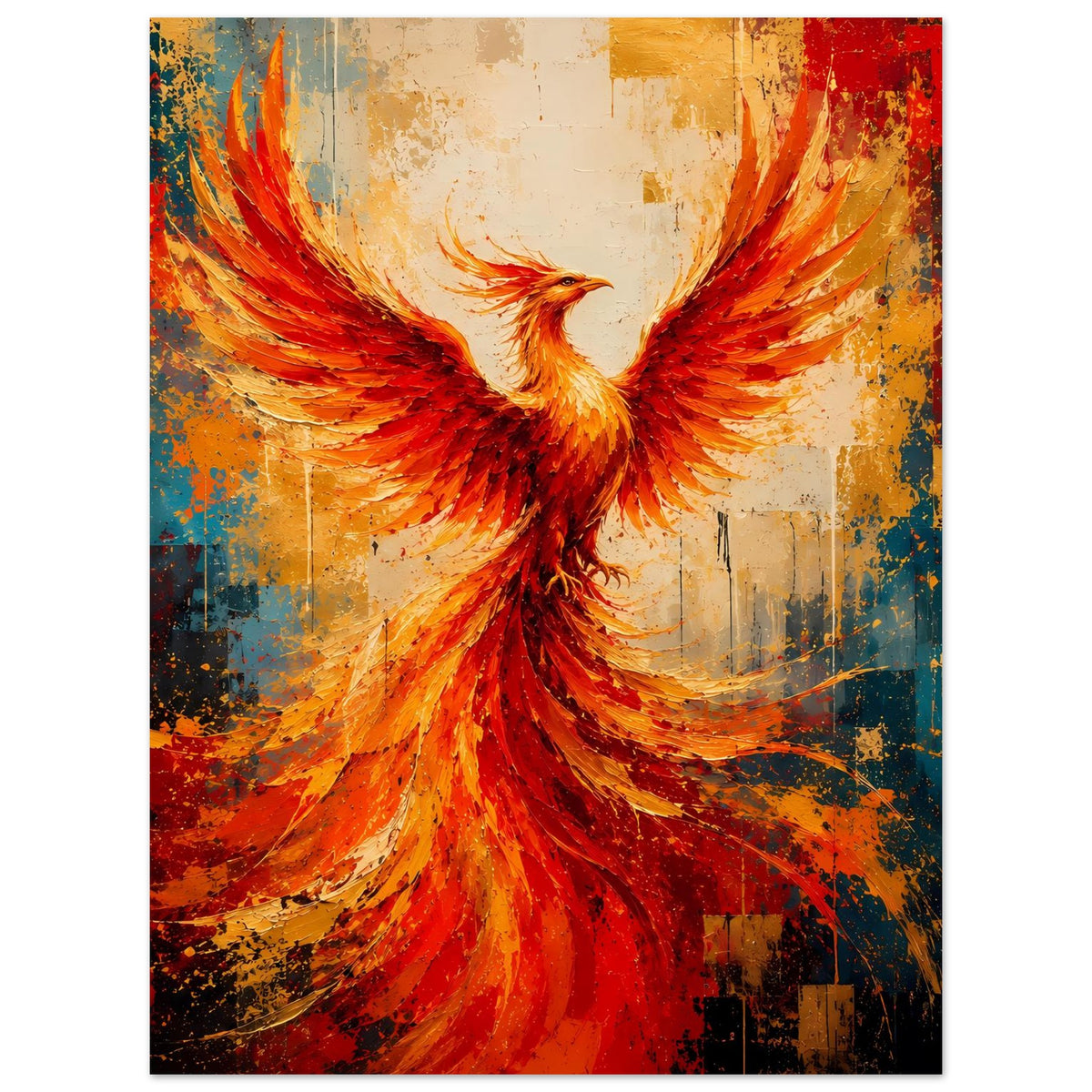Phönix-Poster mit zentralem Vogelmotiv, Flügeln in Rot-Orange und abstrakten Akzenten