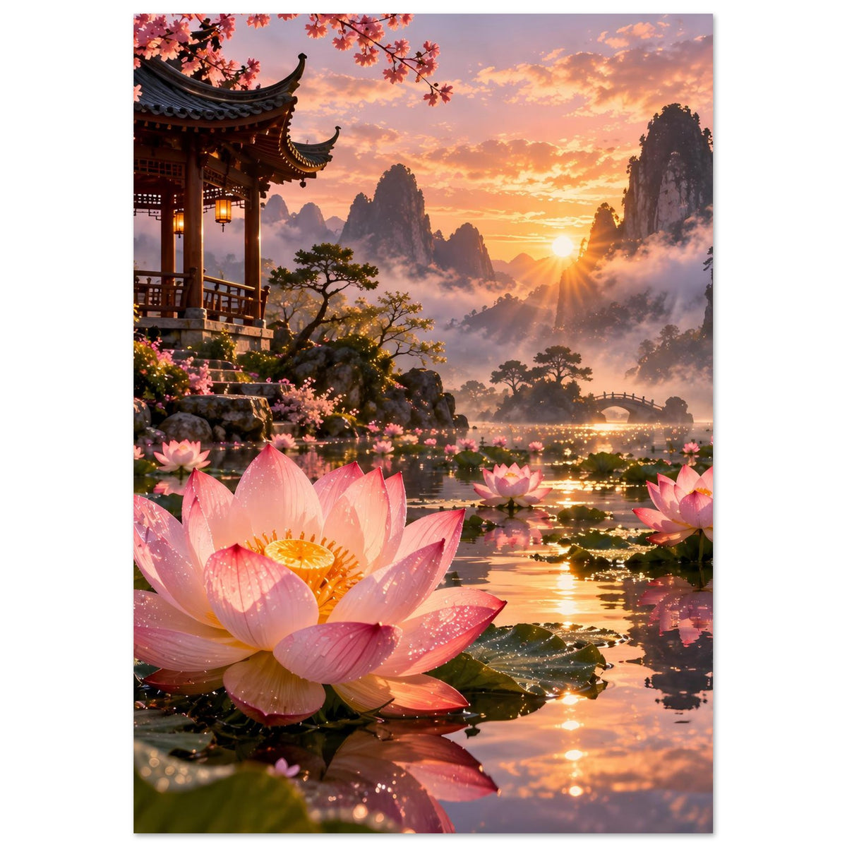 Wandposter mit rosa Lotusblüten, goldener Abendsonne und Wasserlauf durch eine Landschaft