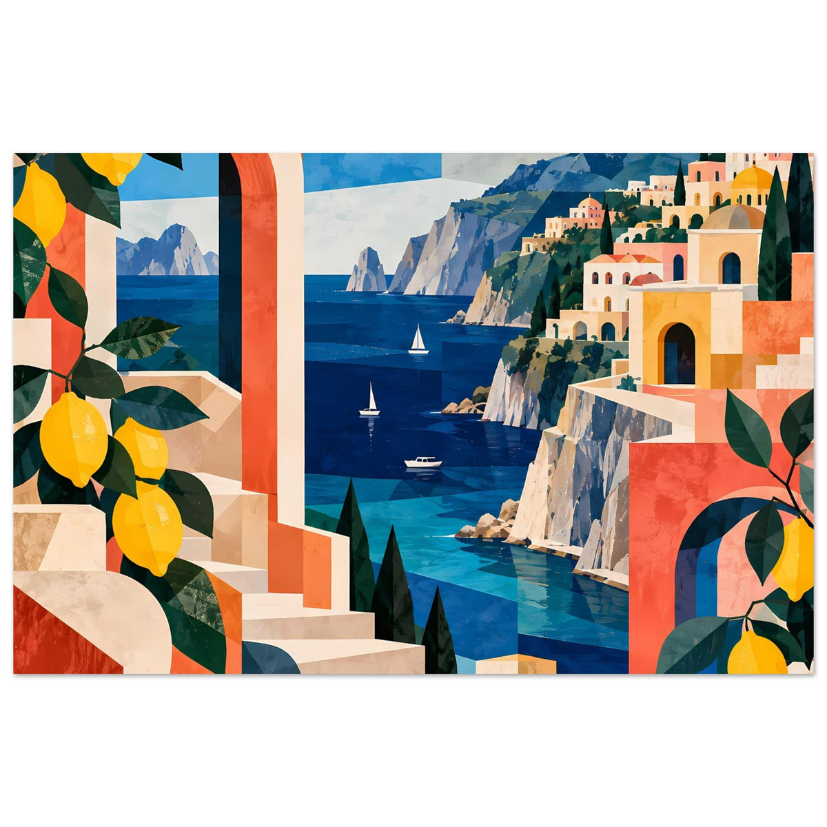 Mediterranes Küstenposter mit Zitronenmotiv, Meer, Treppen und bunten Häusern im Querformat