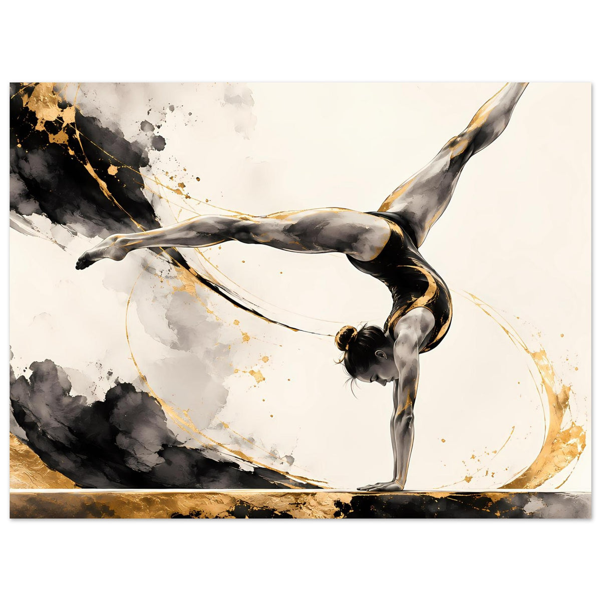 Gymnastikposter mit Turnerin in Schwarz und Gold, Pose mit nach oben gedrehtem Oberkörper