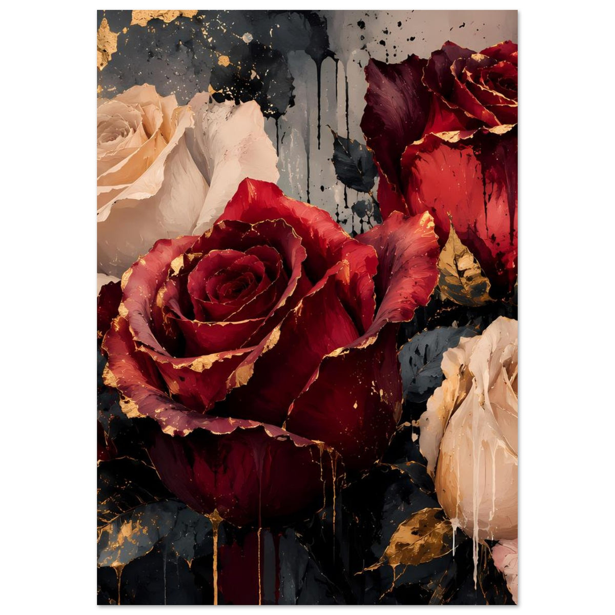 Kunstposter mit Zentralrose in Bordeauxrot und cremefarbenen Rosen, Akzente in Gold
