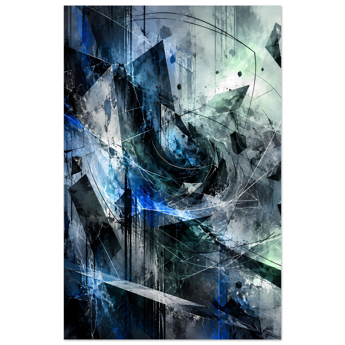 Abstraktes Kunstposter, blau-weiße Graffiti-Optik mit grünen Akzenten und Drahtformen