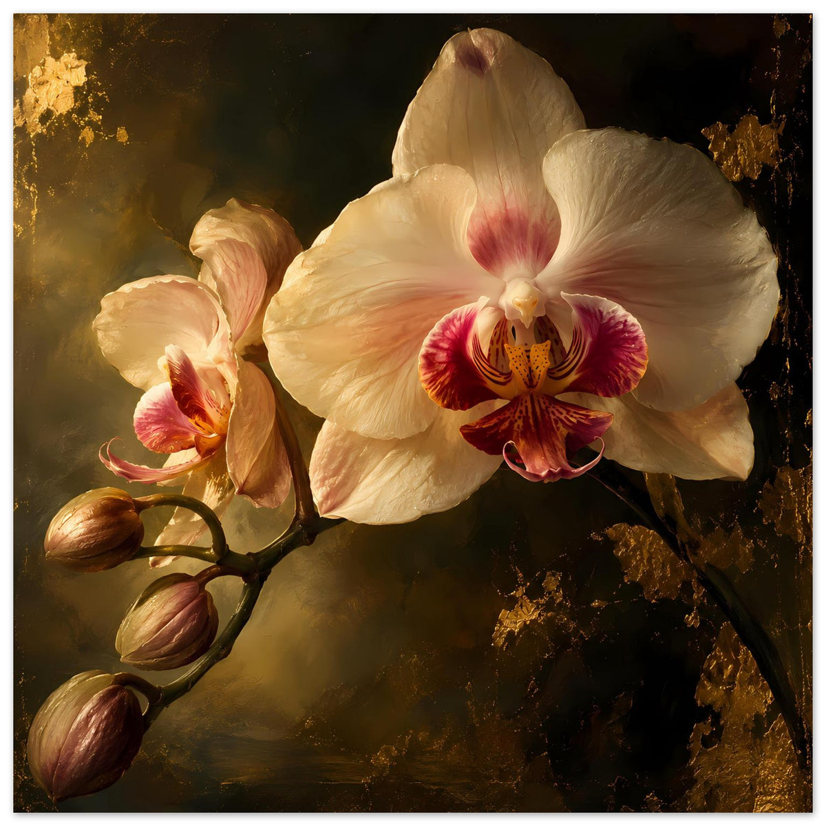 Orchideen-Poster mit cremeweißer Hauptblüte, rosaroten Akzenten und goldenen Spritzern