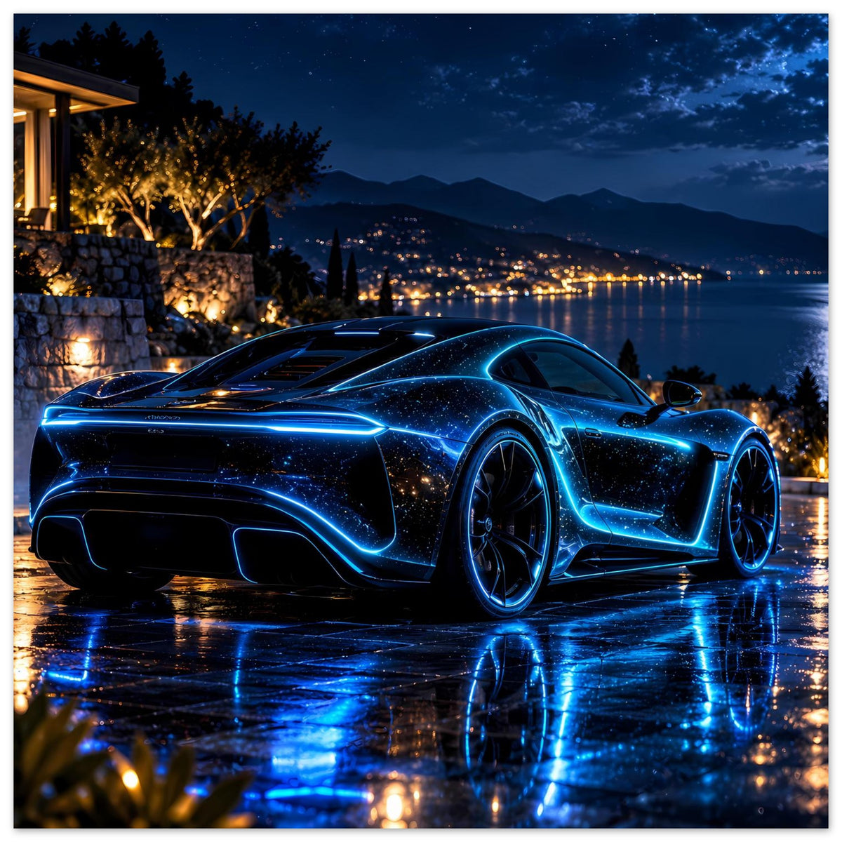 Poster, horizontal: blauer Neon-Sportwagen mit Lichtspuren, nasse Straße und Reflexionen