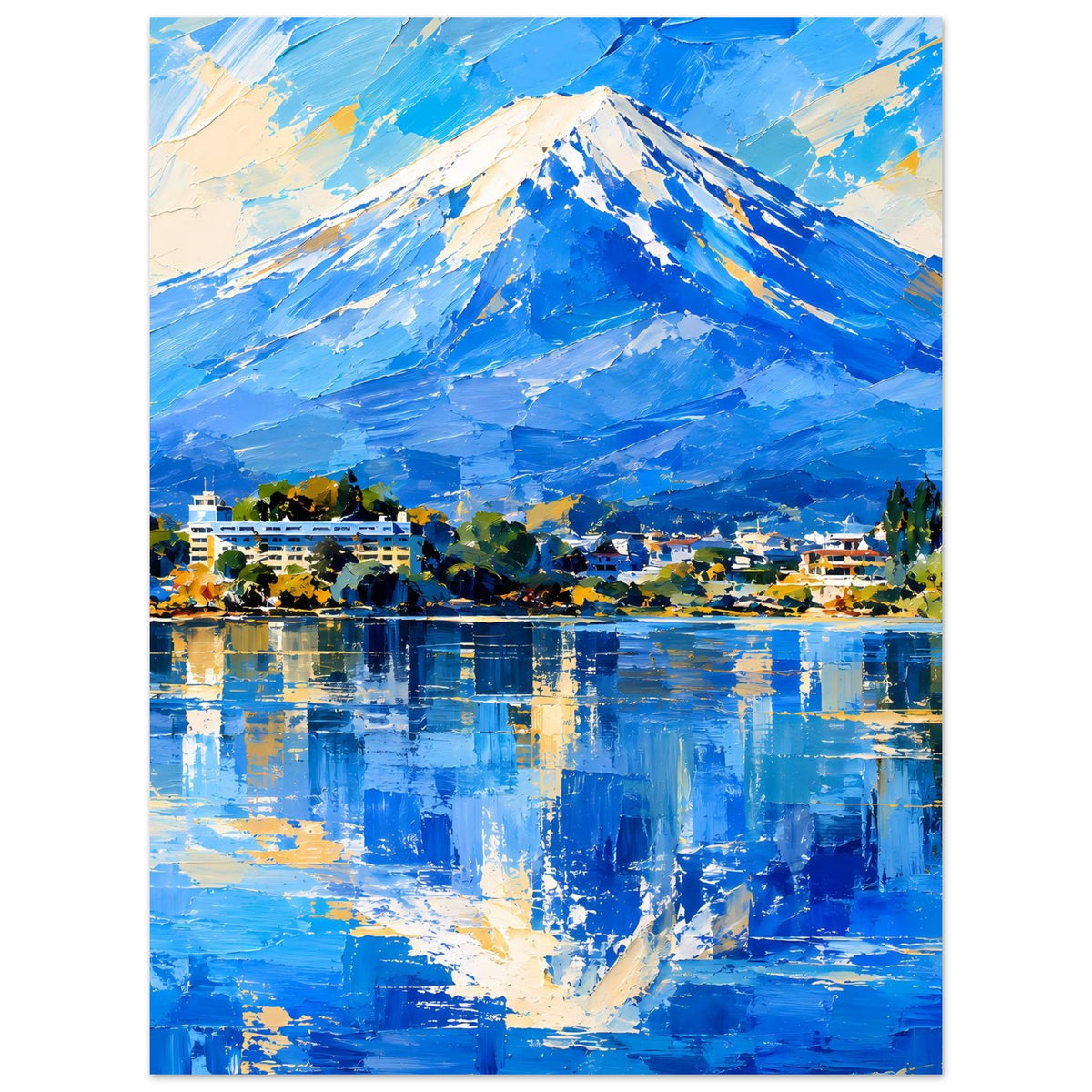 Poster mit blauem Bergpanorama, Dorfansicht und spiegelnder Wasserfläche