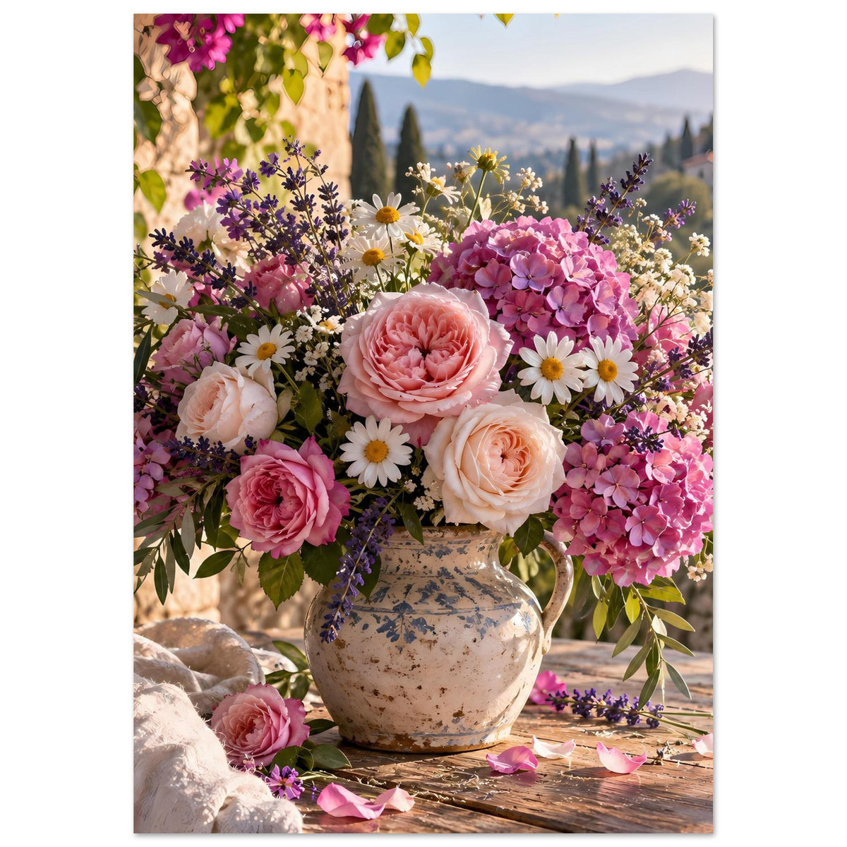 Blumenposter: großer Blütenstrauß in Steinvase, rosa Pfingstrosen und Gänseblümchen