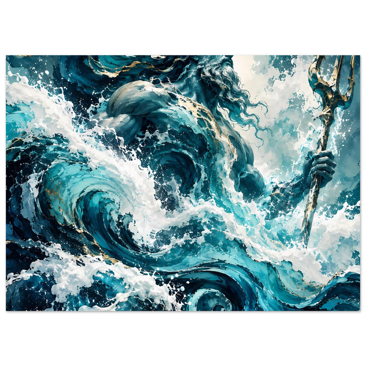 Horizontales Poster mit Poseidon/Ozean-Gott, kräftige Meereswellen in Blau und goldenem Dreizack