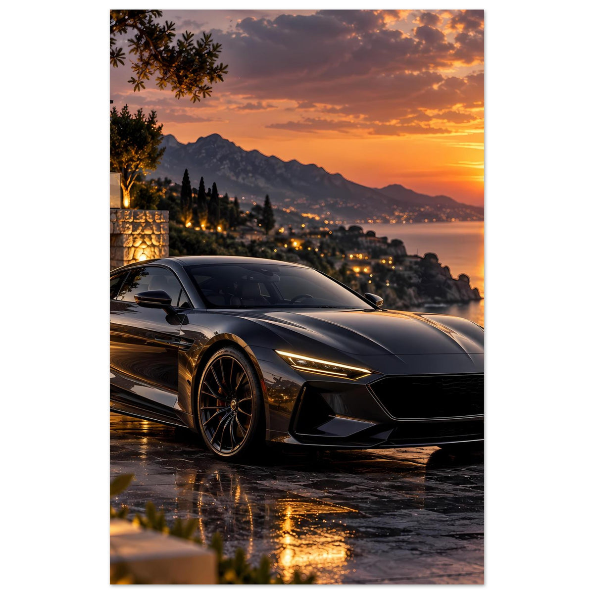 Sonnenuntergangs-Poster mit Sportwagen und Meer im Hintergrund, schwarze Karosserie
