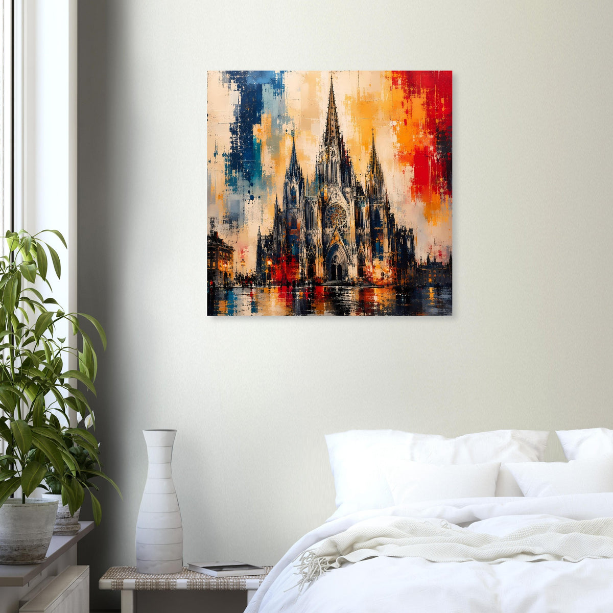 Poster mit gotischer Kathedrale, abstrakte Farben in Blau, Orange und Rot