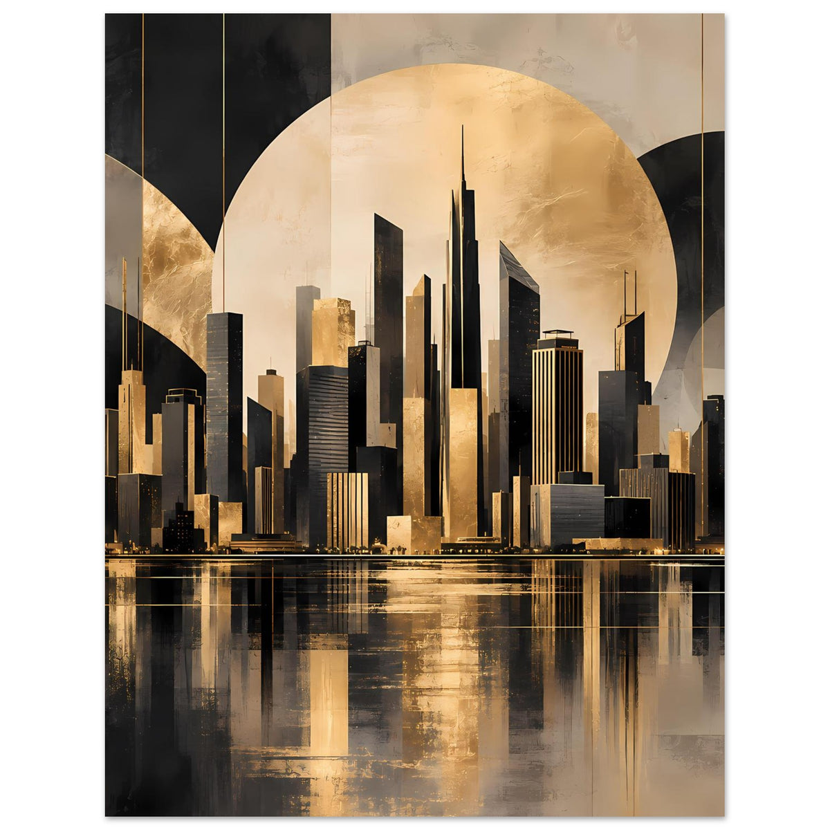 Stadtposter: goldene Wolkenkratzer-Silhouette mit Spiegelung im Wasser und dunklen Flächen links