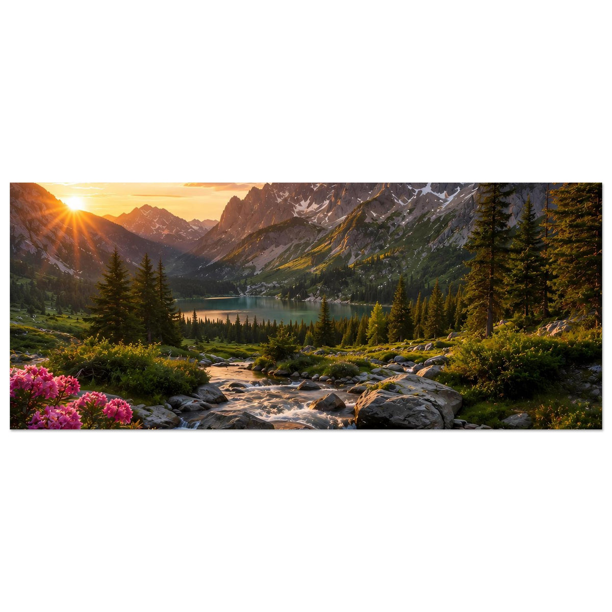 Querformat-Poster mit Landschaft: Sonnenuntergang, Bach, Felsen und Wald