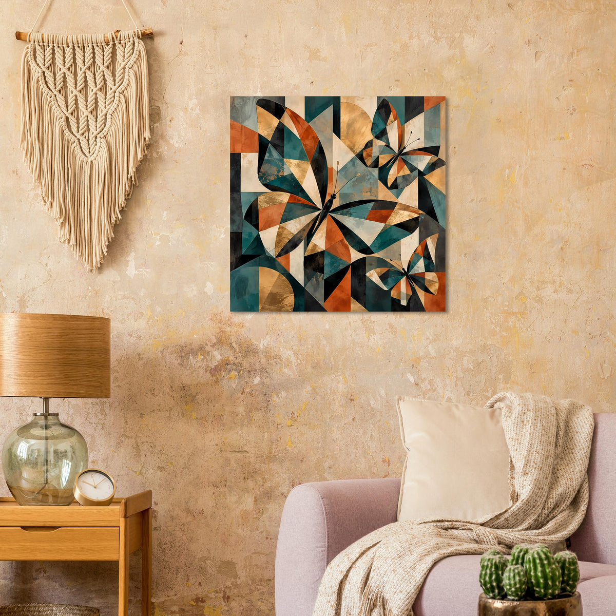 Quadratisches Kunstposter mit geometrischen Schmetterlingen und orangefarbenen Akzenten