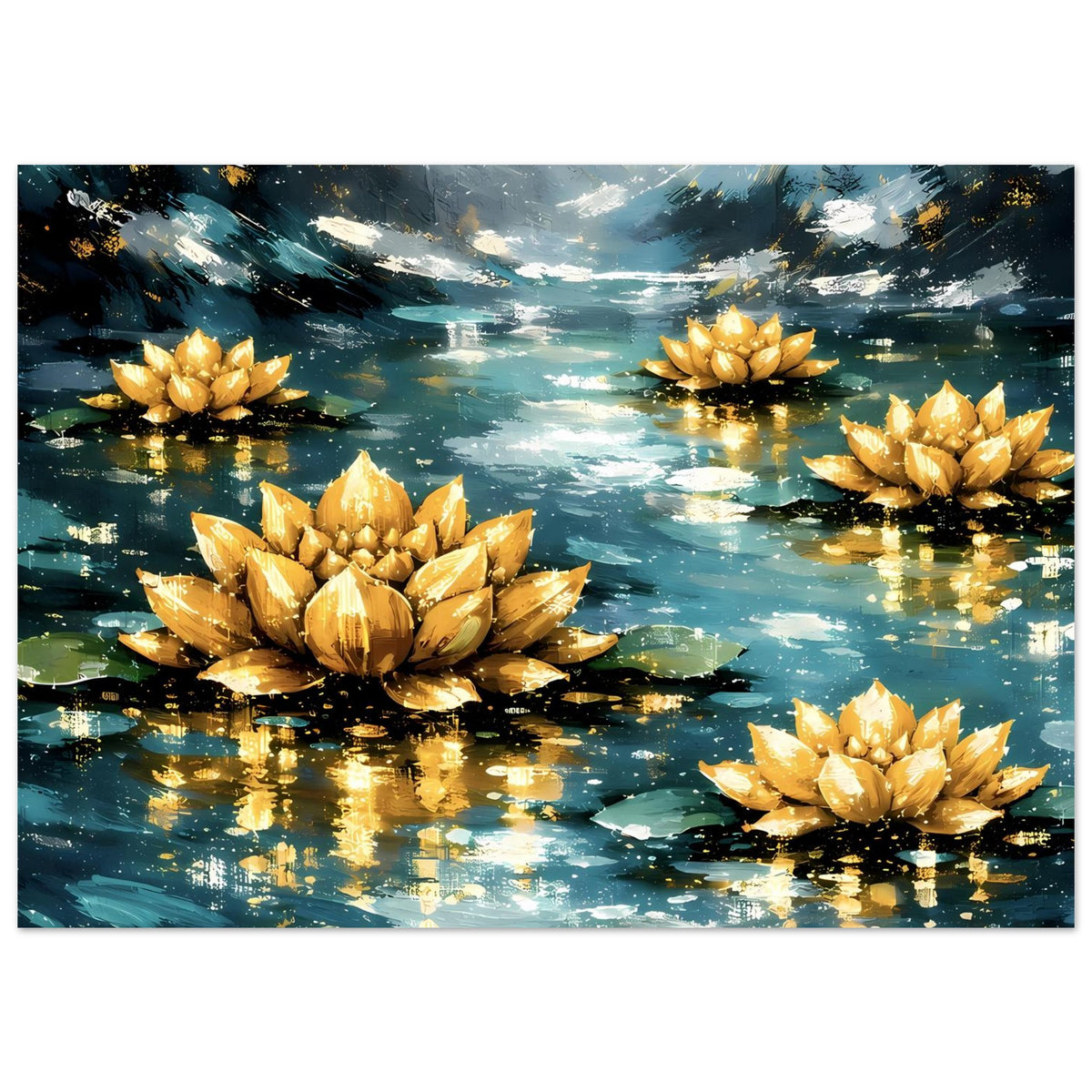 Breites Poster mit goldenen Lotusblüten im Teich, türkisfarbenem Wasser und Lichtpfad in der Mitte