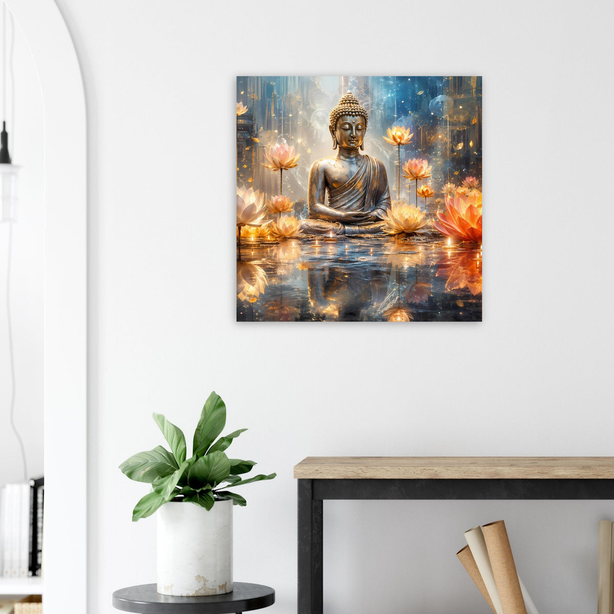 Quadratisches Poster mit goldener Buddha-Skulptur, leuchtenden Kerzen und Lotusblüten