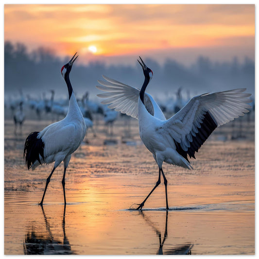 Poster mit drei Kranichen im Sonnenuntergang, spiegelnde Wasseroberfläche und warme Farben